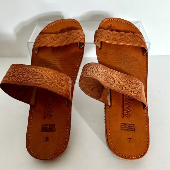 Embossed Mexican Slip on Sandals Size 7 Flats Genuine Leather Open Toe Women's - Picture 5 of 6